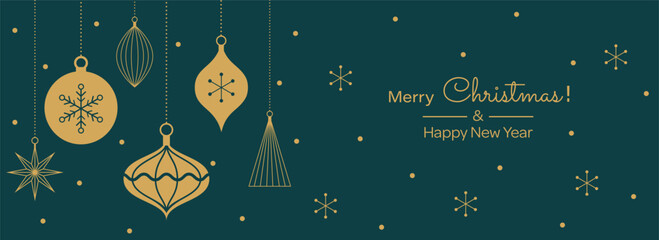 Merry Christmas background in simple flat design. Trendy minimalist banner with vintage tree decorations and gold snowflakes. Vector illustration.