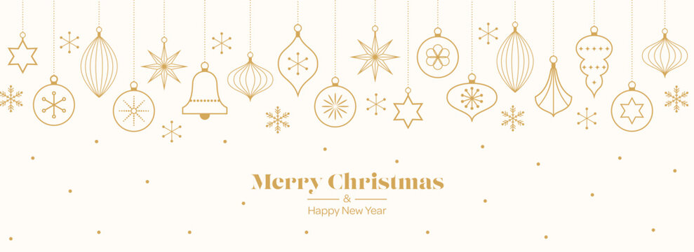 Merry Christmas template background with gold geometric minimalist elements and icons. Abstract trendy banner with vintage tree decorations in simple flat design. Vector illustration.