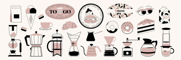 Coffee illustration concept , icons, stickers for menu, kitchen, cafe, poster and coffee shop design. Drip coffee,  espresso maker, kettle, grinder, french press, cup. Vector minimalist art.