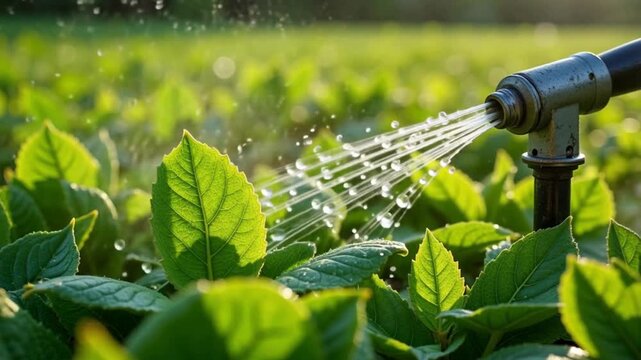 Irrigation system waters lush green crops, promoting growth and agricultural sustainability on a sunny day in a farm