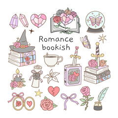 Fototapeta premium Draw vector illustration collection fantasy book Girls reading Romance novel Doodle cartoon style