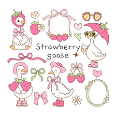 Draw vector illustration collection funny strawberry goose Pink summer Classroom decor Doodle cartoon style © anchalee