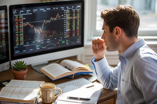Investor analyzes stock market data on computer with coffee and documents, working in a bright home office on financial strategy