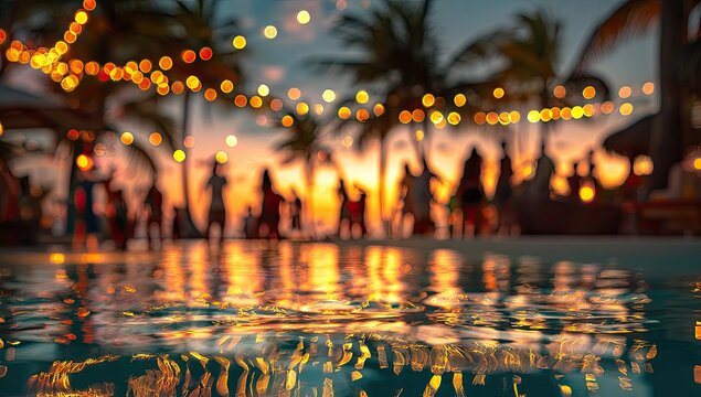 Blurry beach party at sunset