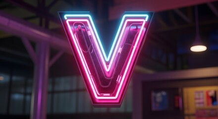 Vibrant neon letter V sign glowing with pink and blue lights, showcasing retro industrial aesthetic with visible wiring and textured surface.