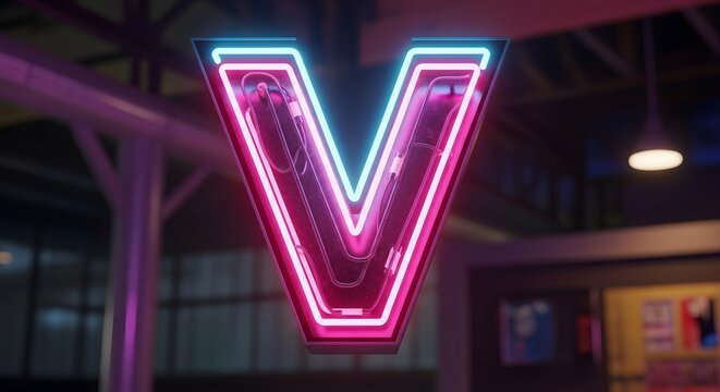 Vibrant neon letter V sign glowing with pink and blue lights, showcasing retro industrial aesthetic with visible wiring and textured surface.