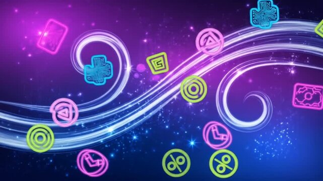 Neon tech icons swirling over glowing cyber grid in futuristic data flow seamless looping time-lapse animation video background