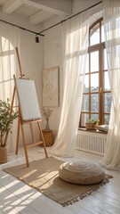 Bright artist studio with easel, rug, pouf, and sheer curtains in a sunlit room with wooden window frame
