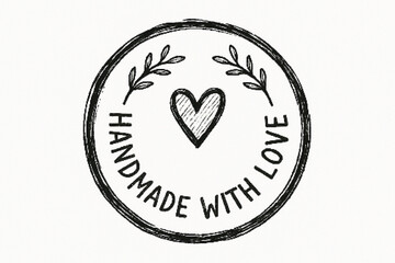 Sketchy circular stamp with heart and foliage hand drawn