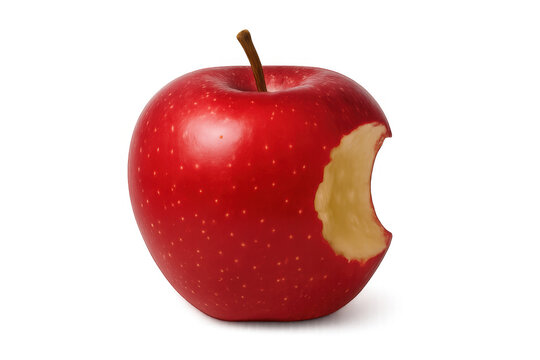 Bitten ripe red apple displaying fresh flesh, sitting against transparent backdrop highlighting natural fruit characteristics