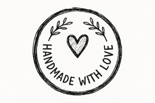 Sketchy circular stamp with heart and foliage hand drawn