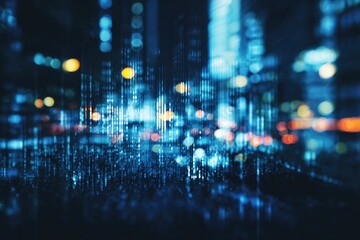 Fototapeta premium Abstract cityscape at night, blurred digital data overlay