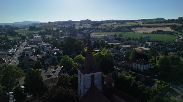 Morat Murten old town Switzerland aerial drone church tower Fribourg baroque townhouses