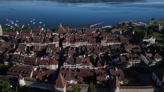 Switzerland Murten medieval town Morat fortified walls aerial drone lake