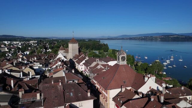 Murten lake Switzerland medieval old town aerial drone Fribourg region Morat