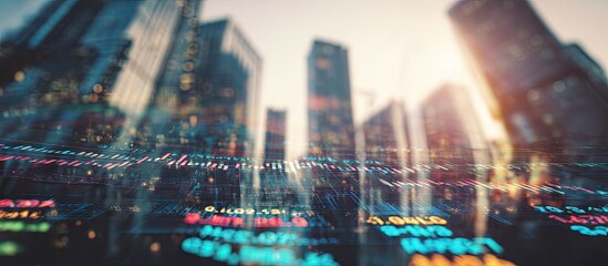 Financial data overlaid on a cityscape
