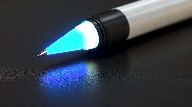 Close-up of a futuristic pen with a glowing blue tip