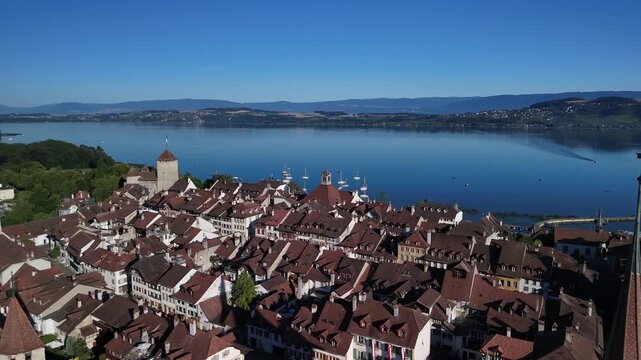 Lake Murten medieval town of Morat Switzerland tourist attraction aerial drone Europe summer