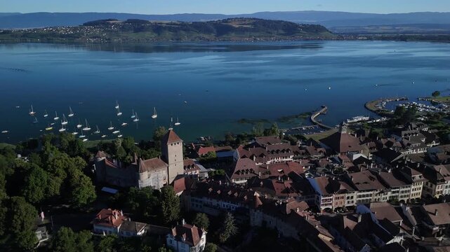 Murten lake Morat medieval old town Switzerland aerial drone establishing shot Europe