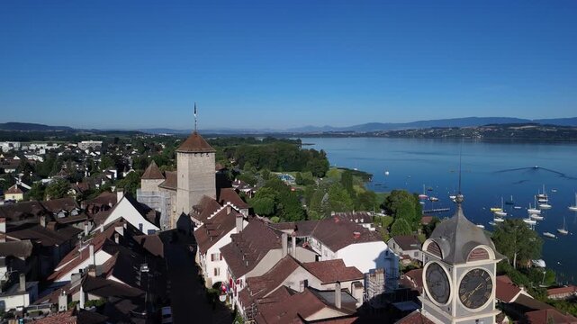 Murten Switzerland medieval beautiful old town and lake aerial drone Morat Fribourg