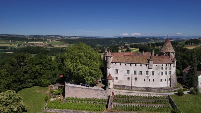 Oron medieval Ch&acirc;teau d'Oron castle building aerial drone Switzerland landmark Swiss heritage site