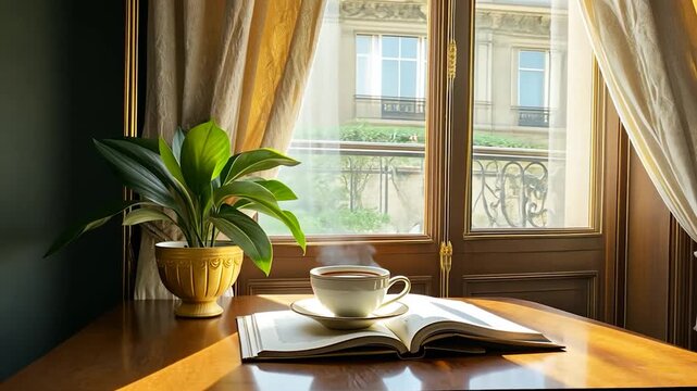 Parisian window seat with a steaming cup of tea, a houseplant, and an open book