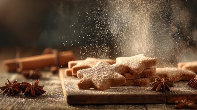 Macro photo of handmade gingerbread cookies on rustic baking sheet, sugar dust in air, cinnamon and star anise