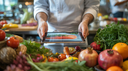 Chef holding tablet displaying raw salmon fillet with fresh ingredients in foreground cooking digital