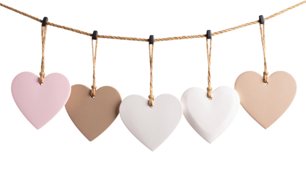 Heart shaped paper on string with clothespins, romantic Valentine's Day decoration, expressing love isolated on white background.