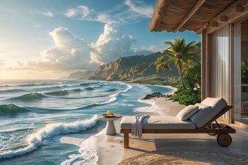 Serene Beachfront Paradise with Calm Ocean Waves and Sunlit Shores