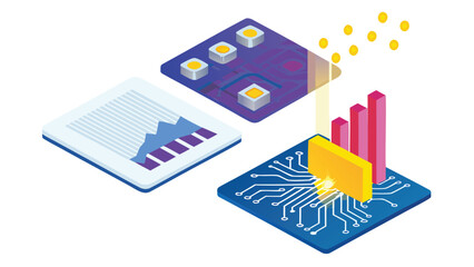 Isometric view of data analysis with charts, circuit boards, and document showing growth trends