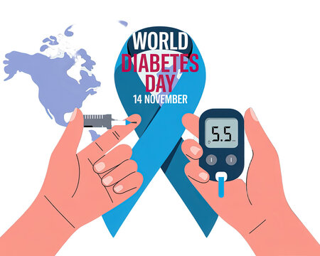 World diabetes day awareness with blood glucose monitoring and ribbon symbol