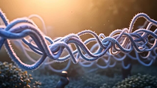 A linchpin of exploration, twisting ribbons of noise hazy abstract in magnetic flux weave through a tranquil background of muted earth tones, where the camera glides smoothly through the