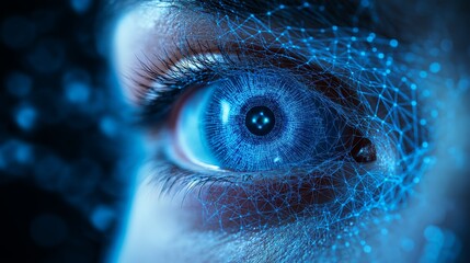 Futuristic Eye Mesh in Blue Digital Background with Light Particle Web