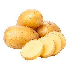 Freshly harvested whole potatoes and sliced potatoes isolated on transparent background