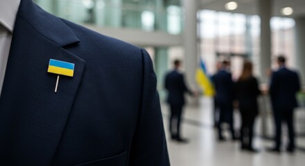 Close-up of Ukraine Flag Pin on Suit Lapel with Blurred Conference Attendees