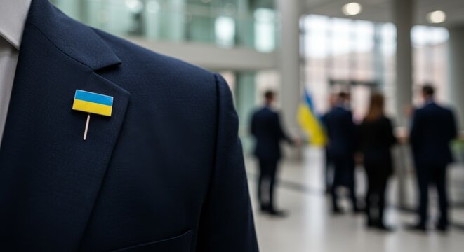 Close-up of Ukraine Flag Pin on Suit Lapel with Blurred Conference Attendees - Powered by Adobe