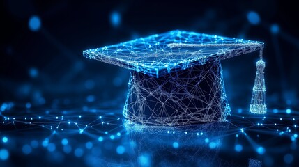 Blue Glowing Digital Graduation Cap on Abstract Dark Technology Background