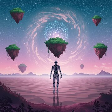 Futuristic robot stands in surreal alien landscape with floating islands and cosmic swirl