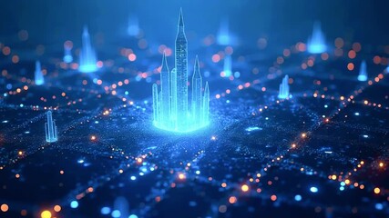 Futuristic cityscape with glowing skyscrapers connected by a digital network in a vibrant blue background - Powered by Adobe