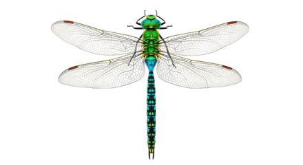 A vibrant green dragonfly with iridescent blue body isolated on transparent background
