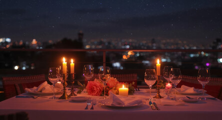 Romantic candlelit dinner on a balcony overlooking a city at night under a starry sky.