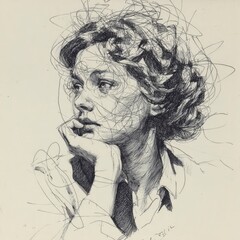 Fototapeta premium Sophisticated scribble portrait of a thoughtful woman in three-quarter view, chin resting on hand, abstract lines