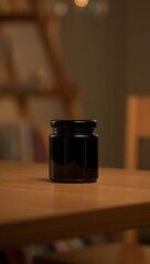 Elegant Black Jar on Wooden Table Close Up Still Life Product Shot for Cosmetics or Food Storage High Quality Image