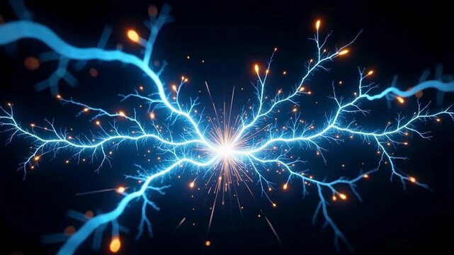 A bright explosion of light with blue tendrils emanating outwards on a dark black background