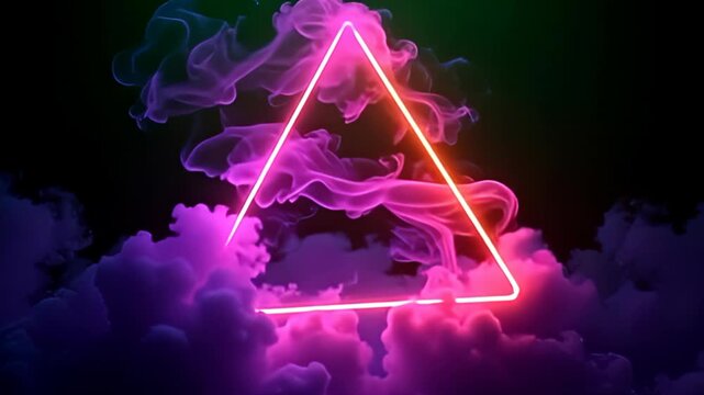 Amid a soft green screen, a tapestry of vivid colors ebbs and flows, revealing a floating noise hazy abstract triangle made of neon smoke, as it gracefully twists and turns, while vibrant