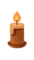 Brown candle with flame on white background  