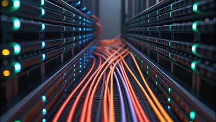 A close-up view of colorful data cables connecting to a server, showcasing a vibrant network setup in a modern data center.