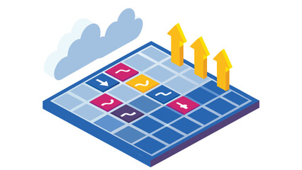 Isometric grid with arrows and cloud showing a strategic growth and planning concept design idea