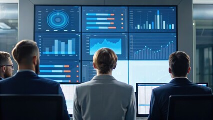 Business professionals analyzing data on large screens in a modern office environment.